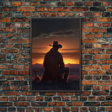Carregar imagem no visualizador da galeria, A cowboy and his horse at sunset, framed canvas art, canvas print, western decor, farmhouse art
