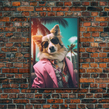 Load image into Gallery viewer, Corgi Wall Print, Dog Wall Art, Dog Sunglasses, Pink Suit, Floral Shirt, Funny Art, Framed Wall Art, Framed Canvas, Wall Print, Wall Canvas
