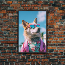 Load image into Gallery viewer, Corgi In Pink Suit Sunglasses Wall Print, Animal Print, Dog Portrait, Dog Art Print, Framed Wall Art, Framed Canvas, Wall Print, Wall Canvas
