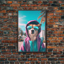 Load image into Gallery viewer, Corgi In Pink And Blue Hoodie Sunglasses Wall Print, Dog Art Print, Dog Portrait, Framed Wall Art, Framed Canvas, Wall Print, Wall Canvas
