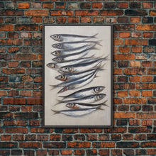 Cargar imagen en el visor de la galería, Sardines Art Print - Framed Canvas Art - Oil Painting Still Life Print - French Kitchen Art - Restaurant Art - Boho Farmhouse Decor
