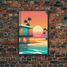 Carregar imagem no visualizador da galeria, Art Deco Sunset Beach Canvas Print, Minimalist Retro Palmtree Vibe, Vaporwave Art, 80s Retro Vibes, Miami Inspired Art
