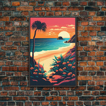 Load image into Gallery viewer, Framed Canvas Print | Art Deco Sunset, Beach, Palm Trees, Retro Style, Synthwave, Vaporwave, Island Vibes, Minimalist Beach Art
