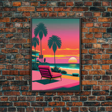 Load image into Gallery viewer, Framed Canvas Print – Art Deco Sunset Beach, Minimalist, Retro, Palm Trees, Synthwave, Vaporwave, Island Vibes, Lounging, Synthwave Deco
