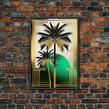 Load image into Gallery viewer, Boho Modern Frank Lloyd Wright-inspired Art Deco Canvas Print, Emerald Green and Gold Palm Tree, wall decor, wall art original, MCM Art
