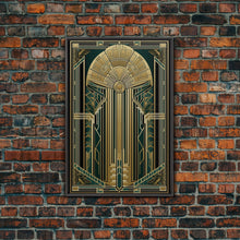 Carregar imagem no visualizador da galeria, Art Deco Wall art | Framed Canvas Print | Art Deco | Gold &amp; green art | Beautiful art | Midcentury Modern | Office decor | Stained glass art

