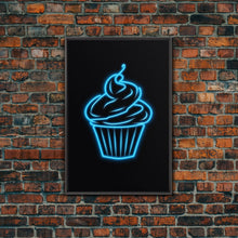 Load image into Gallery viewer, Blue Neon Lights Cupcake Wall Decor, Kitchen Wall Art, Glowing Art, Minimalist Print, Wall Decor, Canvas Print, Wall Art, Framed Canvas
