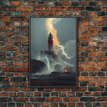 Load image into Gallery viewer, Lighthouse Oil Painting Canvas Print, Lightning striking a lighthouse during a dark stormy night, gloomy wall art

