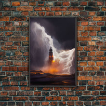 Load image into Gallery viewer, Lightning striking a burning lighthouse, canvas print, oil painting style, dark and gloomy wall art
