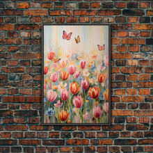 Load image into Gallery viewer, Tulip Field Wall Art, Flower Wall Print, Colorful Art, Butterfly Art, Canvas Print, Wall Art, Vertical Print, Birthday Gift, House Wall Art
