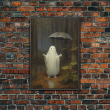 Load image into Gallery viewer, Goofy Ghost In The Rain,  Vintage Halloween Canvas, Framed Canvas Print, Cute Wall Art, Who's Haunting Who?
