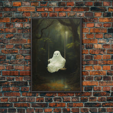 Load image into Gallery viewer, Cute Little Boo Playground Ghost, Funny Halloween, Vintage Halloween Canvas, Framed Canvas Print, Cute Wall Art, Ghost On A Swing, Macabre
