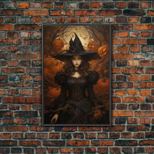Load image into Gallery viewer, Beautiful Gothic Witch Art, Framed Halloween Canvas, Canvas Print, Spooky Halloween Wall Art, Halloween Deco, Witchy Art Pumpkin Patch Witch
