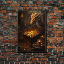 Load image into Gallery viewer, Dragon Art, Fantasy Art, Treasure Chest, Canvas Print, Wall Hanging, Portrait Art, Video Game Art, Nerdy Home Decor, Gift For Friend
