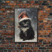 Carregar imagem no visualizador da galeria, Black Christmas Cat Wearing A Santa Hat, Framed Canvas Print, Christmas Decor, Xmas Wall Art, Holiday Decor, Seasonal Wall Decor
