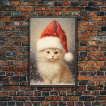 Carregar imagem no visualizador da galeria, Cute White Kitten In A Christmas Hat, Farmhouse Christmas, Farmhouse Decor, Framed Canvas Print Seasonal Wall Art Winter Decor Christmas Art
