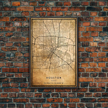 Load image into Gallery viewer, Distressed Houston map print poster canvas print, framed road map art, Texas map print poster canvas, Houston city map print poster canvas
