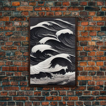 Carregar imagem no visualizador da galeria, Black and White Tidal Waves, Japanese Style Art, Framed Canvas Print, Ready To Hang Framed Wall Art, Living Room Wall Decor
