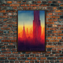 Cargar imagen en el visor de la galería, Chicago at sunset concept art, synthwave style, framed canvas print, ready to hang wall art with frame
