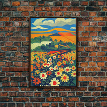 Load image into Gallery viewer, Surrealist field of daisy flowers, daisies, psychedelic art, Framed Canvas Print, Ready To Hang Framed Wall Art

