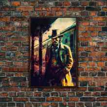 Load image into Gallery viewer, Cowboy waiting for the train, framed wall art, framed canvas print
