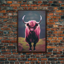 Cargar imagen en el visor de la galería, Colorful farmhouse art, Highland cow, Scotland cattle, framed canvas print, pink cow
