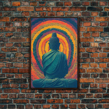 Cargar imagen en el visor de la galería, Colorful rainbow Buddha facing a ring of flowers, framed canvas print, yoga studio art
