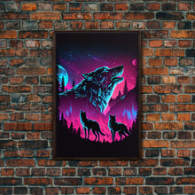 Load image into Gallery viewer, Wolves Howling at the moon, 3 wolf moon, framed canvas print, vaporwave art, Animal art, predator art
