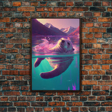 Carregar imagem no visualizador da galeria, Cute Otter going for a swim, pastel retro style art, framed canvas print, Otter out for a swim in a mountain lake
