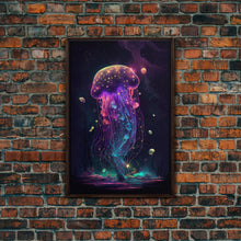 Load image into Gallery viewer, Bioluminescent Cosmic Jellyfish against a Starry night sky, JellyFish Art, Framed Canvas Print, synthwave style art
