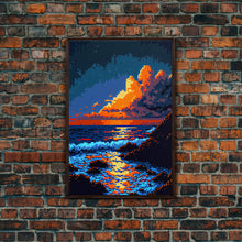Load image into Gallery viewer, Pixel Art Sunset obscured by clouds, framed canvas print, 8 bit art
