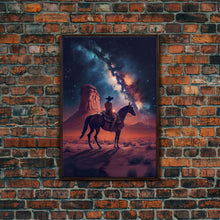 Cargar imagen en el visor de la galería, Cowboy contemplating the stars, framed canvas print, wild west art, western decor
