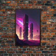 Load image into Gallery viewer, The Monoliths, Scifi art, retro synthwave style alien planet art, framed canvas print
