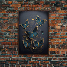 Load image into Gallery viewer, Blue Butterflies Canvas Print Wall Art, Blue and Gold Butterfly Canvas Painting, Butterfly Wall Decor, Home Gift, ready to hang decor
