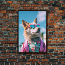 Load image into Gallery viewer, Corgi In Pink Suit Sunglasses Wall Print, Animal Print, Dog Portrait, Dog Art Print, Framed Wall Art, Framed Canvas, Wall Print, Wall Canvas
