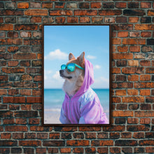 Cargar imagen en el visor de la galería, Corgi In Purple Hoodie Sunglasses Wall Print, Beach Art, Dog Print, Dog Portrait, Framed Wall Art, Framed Canvas, Wall Print, Wall Canvas
