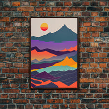Load image into Gallery viewer, Scandinavian Inspired Pacific Northwest Art, Minimalist Boho Style Forest Landscape, Framed Canvas Art, Abstract Art, Purple Mountains
