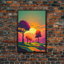 Load image into Gallery viewer, Retro Pop Art Landscape Art At Sunset, Framed Canvas Print, Outrun Style Trees and Sunset, Living Room Art
