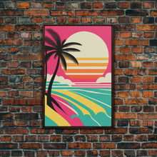 Load image into Gallery viewer, Framed Art Deco Canvas Print - Sunset Beach Scene, Minimalist Palms, Retro Style - Pink and Turquoise Vaporwave Art
