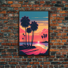 Load image into Gallery viewer, Framed Canvas Print - Art Deco Sunset, Beaches, Minimalist Palm Trees, Retro Synthwave, Vaporwave, 80s Vibes, Gamer Art, Bar Decor
