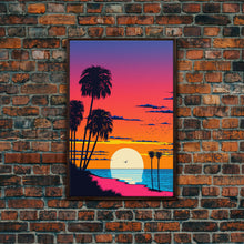 Load image into Gallery viewer, Framed Canvas Print - Art Deco Sunset, Beaches, Minimalist, Palmtrees, Retro Style, Synthwave, Vaporwave, 80s Style Decor, Palme Trees
