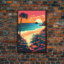 Load image into Gallery viewer, Framed Canvas Print | Art Deco Sunset, Beach, Palm Trees, Retro Style, Synthwave, Vaporwave, Island Vibes, Minimalist Beach Art
