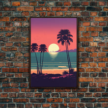 Load image into Gallery viewer, Framed Canvas Print - Art Deco Sunset, Palm Trees, Synthwave Vibes, Beach Decor, Vaporwave Pink Art, Miami Vibes
