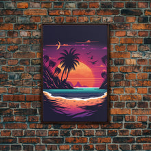 Load image into Gallery viewer, Framed Canvas Print - Pop Art Style Beach at Sunset with Palm Trees - Retro Style - Living Room / Office / Bedroom Wall Art
