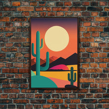 Load image into Gallery viewer, Pop Art Framed Canvas Print of Desert Landscape at Sunset, Outrun Style Sunset Full Moon Art, Unique 80s Vibe Retro Art, Art Deco
