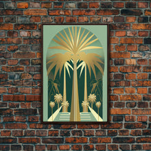 Load image into Gallery viewer, Boho Modern Frank Lloyd Wright-inspired Art Deco Canvas Print, Emerald Green and Gold Palm Tree, wall decor, wall art original, MCM Art

