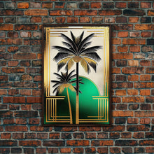 Load image into Gallery viewer, Boho Modern Frank Lloyd Wright-inspired Art Deco Canvas Print, Emerald Green and Gold Palm Tree, wall decor, wall art original, MCM Art
