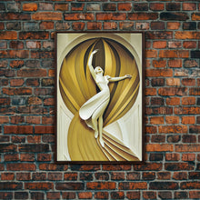 Carregar imagem no visualizador da galeria, Art Deco Sculpture Canvas Print, Framed Wall Art, 1930s Inspired Retro Art, White and Gold Ballerina

