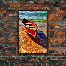 Load image into Gallery viewer, Abandoned Canoe On The Lake, Framed Canvas Print, Oil Painting Style, Abstract Wall Art, Lakehouse Wall Decor, Boho Art
