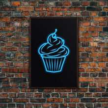 Load image into Gallery viewer, Blue Neon Lights Cupcake Wall Decor, Kitchen Wall Art, Glowing Art, Minimalist Print, Wall Decor, Canvas Print, Wall Art, Framed Canvas
